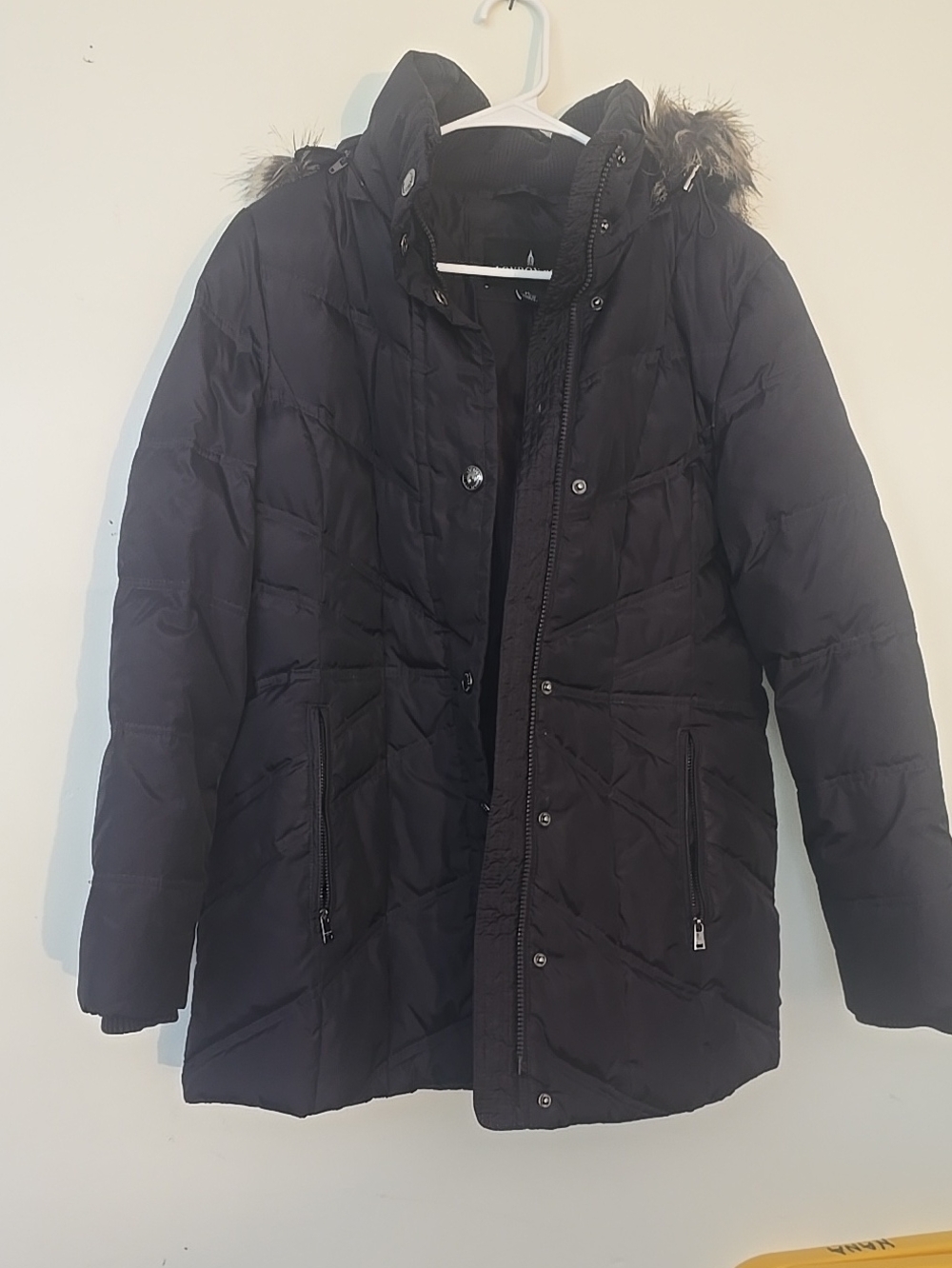 London Fog Black Quilted Hooded Puffer Coat with Faux Fur Trim